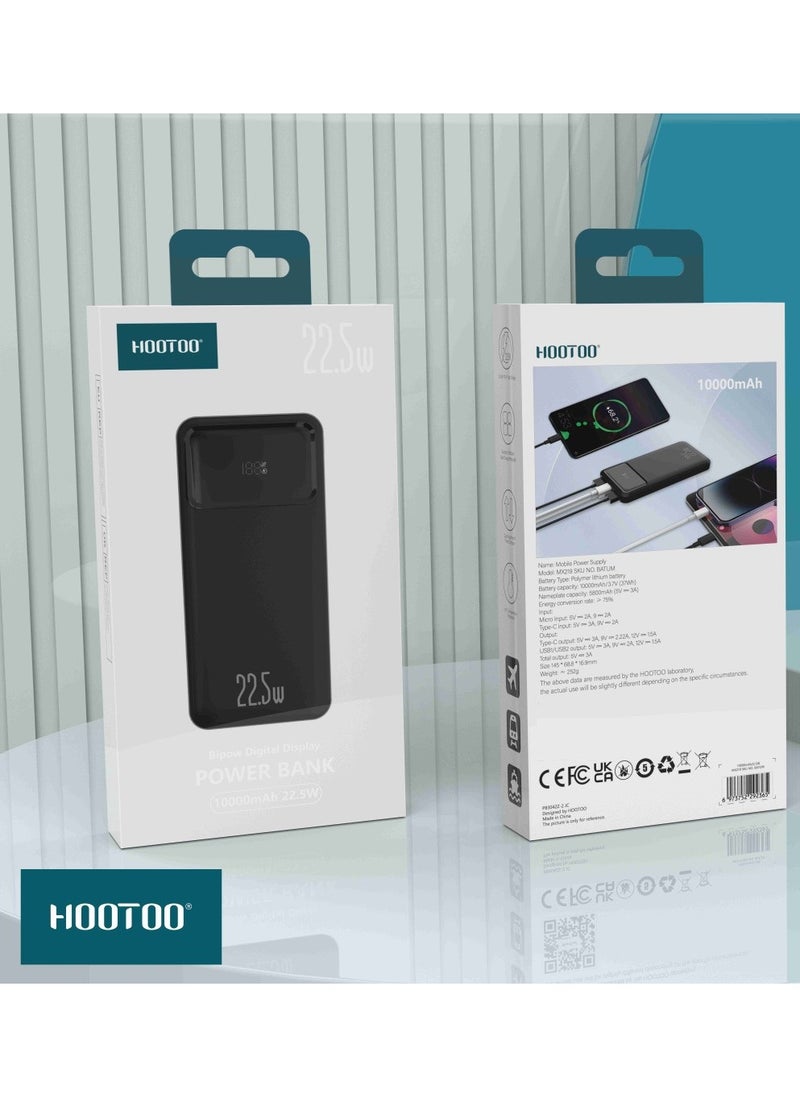 باور بنك بيبو بسعة 10000mAh وشاشة عرض نسبة الشحن بمفذين USB و منفذ تايب سي PD يدعم الشحن السريع بقوة 22.5 واط-باللون الاسود من هوتو