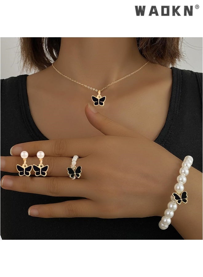 WAOKN Pearl Butterfly Jewelry Set 4 Pieces ,Butterfly Pendant Necklace Bracelet Earrings for Women Insect Butterfly Chokers Necklace Jewelry Set Gifts ,Non fading jewelry accessories ,alloy material, black. - Image 3