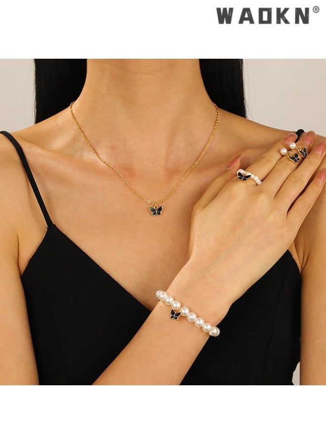 WAOKN Pearl Butterfly Jewelry Set 4 Pieces ,Butterfly Pendant Necklace Bracelet Earrings for Women Insect Butterfly Chokers Necklace Jewelry Set Gifts ,Non fading jewelry accessories ,alloy material, black. - Image 4