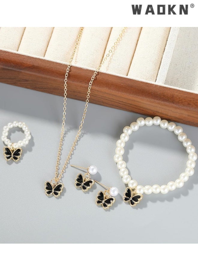WAOKN Pearl Butterfly Jewelry Set 4 Pieces ,Butterfly Pendant Necklace Bracelet Earrings for Women Insect Butterfly Chokers Necklace Jewelry Set Gifts ,Non fading jewelry accessories ,alloy material, black. - Image 5