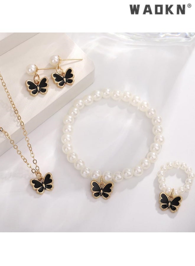 WAOKN Pearl Butterfly Jewelry Set 4 Pieces ,Butterfly Pendant Necklace Bracelet Earrings for Women Insect Butterfly Chokers Necklace Jewelry Set Gifts ,Non fading jewelry accessories ,alloy material, black. - Image 2