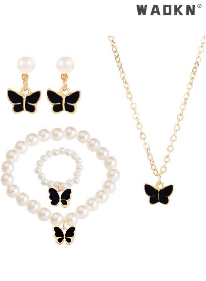 WAOKN Pearl Butterfly Jewelry Set 4 Pieces ,Butterfly Pendant Necklace Bracelet Earrings for Women Insect Butterfly Chokers Necklace Jewelry Set Gifts ,Non fading jewelry accessories ,alloy material, black. - Image 1
