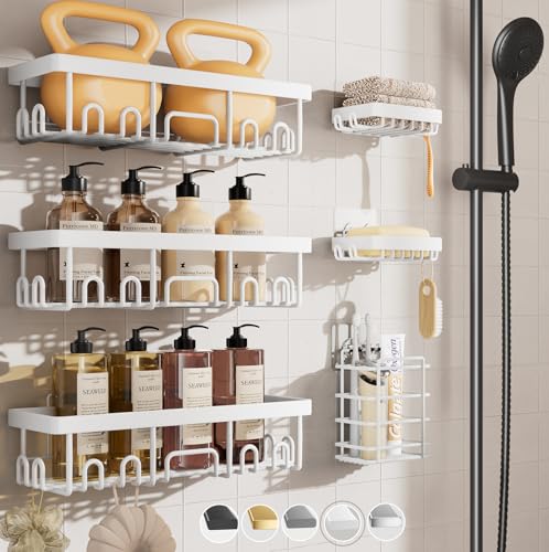 Veken 6-Pack Rustproof&Waterproof Shower Caddy, Adhesive Shelves Rack with Soap Holder, Large Bathroom & Washroom Organizer, No Drilling Wall-Mounted Kitchen&Home Decor,Ideal for Bathtub Storage,White - Image 1
