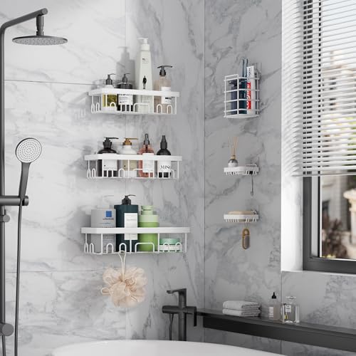 Veken 6-Pack Rustproof&Waterproof Shower Caddy, Adhesive Shelves Rack with Soap Holder, Large Bathroom & Washroom Organizer, No Drilling Wall-Mounted Kitchen&Home Decor,Ideal for Bathtub Storage,White - Image 4