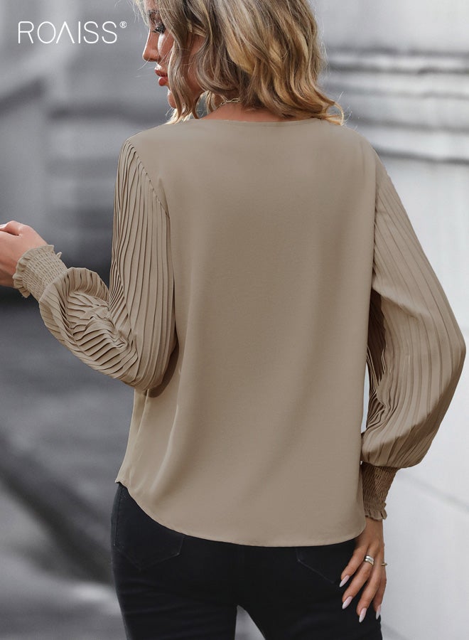 رويس قميص نسائي برقبة على شكل حرف V، بلوفر أنيق كاجوال بأكمام طويلة بلون سادة وأكمام جرس، مع تفاصيل خطوط عمودية، بلوزة نسائية للعمل الاحترافي، كاكي - Image 4