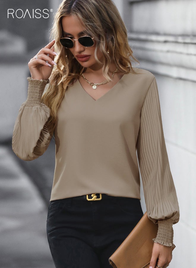 رويس قميص نسائي برقبة على شكل حرف V، بلوفر أنيق كاجوال بأكمام طويلة بلون سادة وأكمام جرس، مع تفاصيل خطوط عمودية، بلوزة نسائية للعمل الاحترافي، كاكي - Image 2