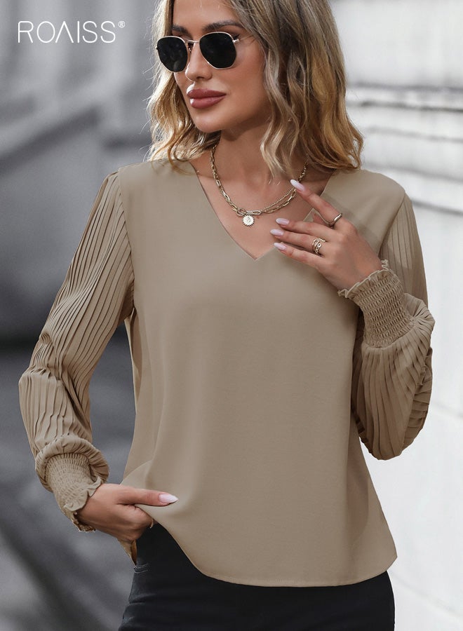 رويس قميص نسائي برقبة على شكل حرف V، بلوفر أنيق كاجوال بأكمام طويلة بلون سادة وأكمام جرس، مع تفاصيل خطوط عمودية، بلوزة نسائية للعمل الاحترافي، كاكي - Image 1