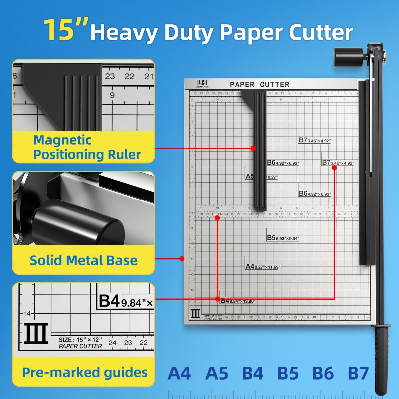 LOTHANEK B4 Guillotine Paper Cutter - Heavy Duty 10-12 Sheets Paper Trimmer Cutting with Auto-Press Clamp & Magnetic Ruler | Precision Cut for Paper, Card, Photos, Vinyl & More-Black (White) - Image 2