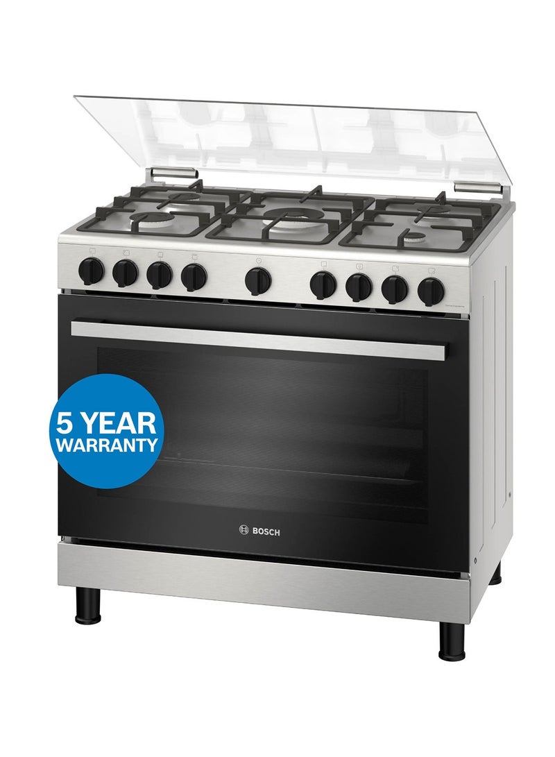 BOSCH FREE Cooking Set with 90x60 Cm Gas Range Cooker with 125L Oven, 5 Burners, 3 Cooking Modes, Series 2, HGV1E8Y50M Stainless Steel 5 HGV1E8Y50M Stainless Steel - Image 1