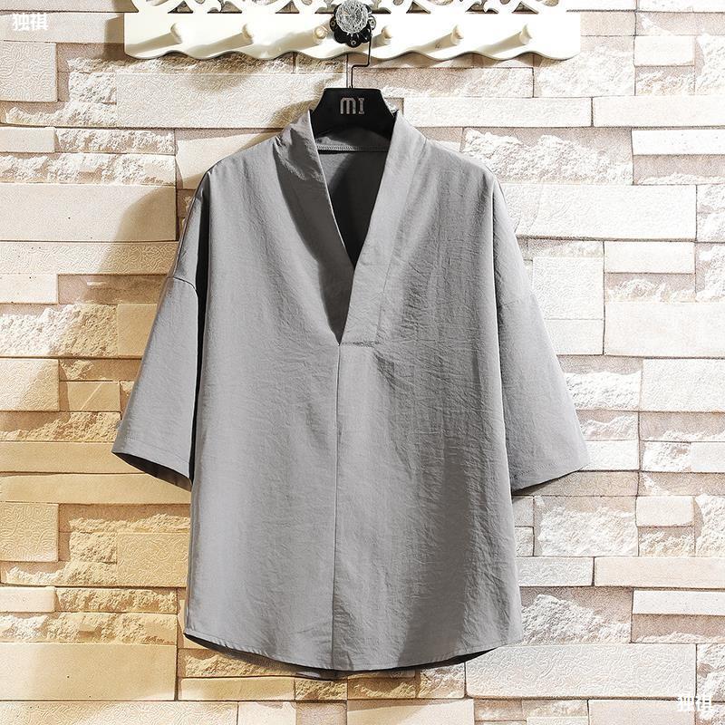 Summer Ice Silk T-Shirt Men'S Thin Loose V-Neck Seven-Sleeve Top Chinese Style Men'S Clothing Fashion Brand Half-Sleeve T-Shirt - Image 4