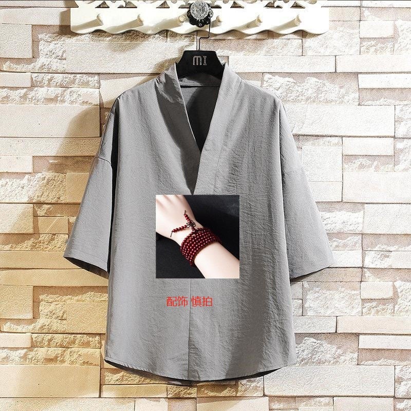 Summer Ice Silk T-Shirt Men'S Thin Loose V-Neck Seven-Sleeve Top Chinese Style Men'S Clothing Fashion Brand Half-Sleeve T-Shirt - Image 1