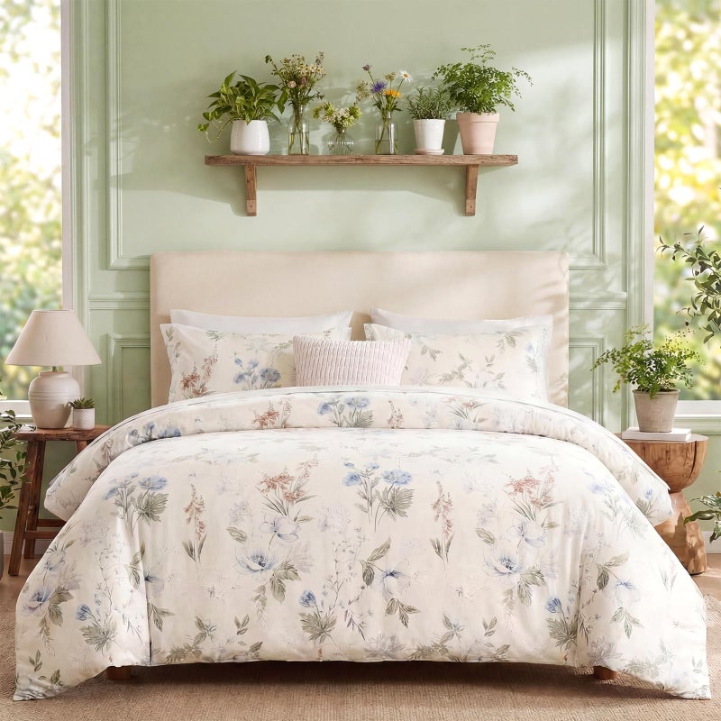 Cozaline Floral Comforter Set Queen Size 100% Cotton Comforter Green Floral Bedding Comforter Set 3pcs Ultra Soft and Easy Care Reversible Lightweight Bedding Sets - Image 3