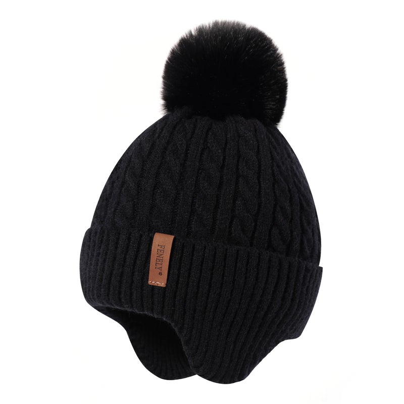 FENELY Girls Boys Winter Hat for 3-12 Years, Children's Warm Knitted Earflaps Beanie with Pom Pom Thicken Fleece Lining Cap for Kids Black - Image 1