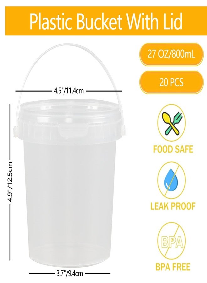 Quickquick 20 PCS Plastic Ice Cream Tub with Lid, 27 Oz Small Clear Drink Bucket with Handle - Image 2