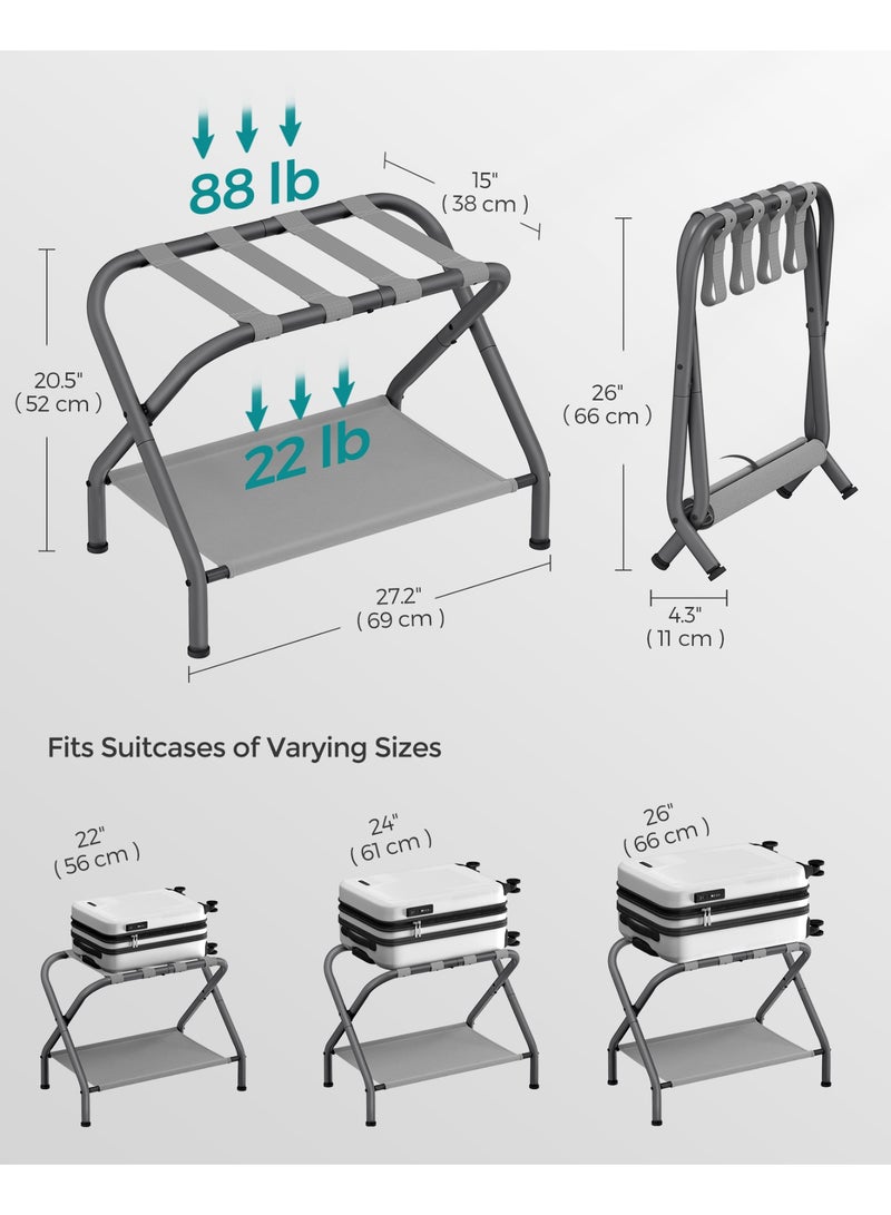 SONGMICS حاملات الأمتعة، مجموعة من 2، حامل حقائب مع رف تخزين قماشي، لغرفة الضيوف، غرفة النوم، الفندق، قابل للطي، يتحمل حتى 110 رطل، 69 × 38 × 52 سم، رمادي داكن - Image 5