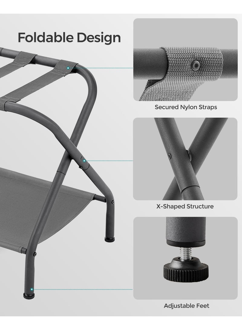 SONGMICS حاملات الأمتعة، مجموعة من 2، حامل حقائب مع رف تخزين قماشي، لغرفة الضيوف، غرفة النوم، الفندق، قابل للطي، يتحمل حتى 110 رطل، 69 × 38 × 52 سم، رمادي داكن - Image 4