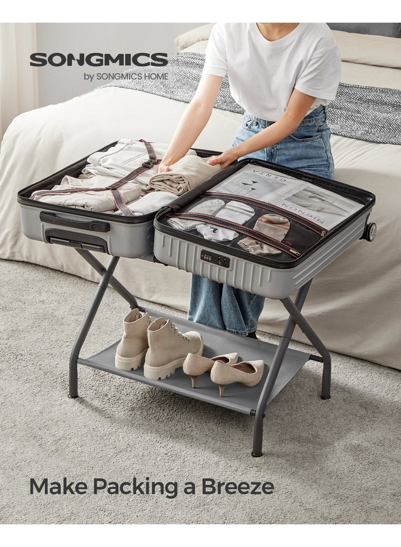 SONGMICS حاملات الأمتعة، مجموعة من 2، حامل حقائب مع رف تخزين قماشي، لغرفة الضيوف، غرفة النوم، الفندق، قابل للطي، يتحمل حتى 110 رطل، 69 × 38 × 52 سم، رمادي داكن - Image 3