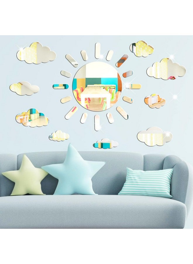 Easma ملصقات مرآة الشمس والسحاب 3D ملصقات حائط أكريليك مرآة ذاتية اللصق فضية قابلة للإزالة للتقشير واللصق لغرفة نوم الأطفال والرضع والحمام وغرفة اللعب والحضانة وسقف الحائط ديكور - Image 2