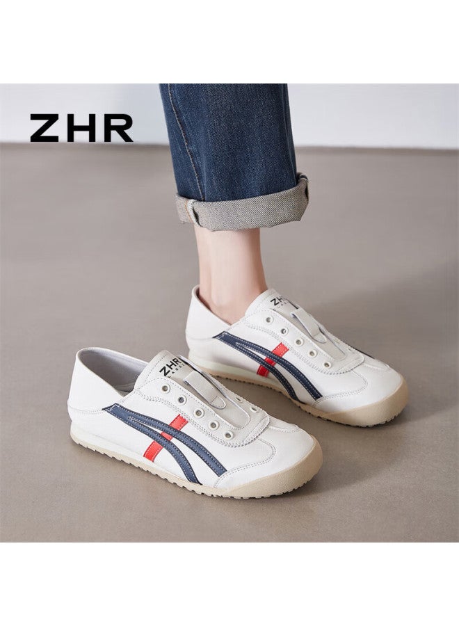 Zhr Dexun Women's Lightweight Flat Sneakers, Slip-on Casual White Shoes, Bt103, Beige Blue, Size 36 - Image 1