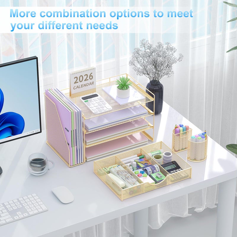 gianotter Desk Organizers and Accessories with File Holder, 4-Tier Desk Accessories & Workspace Organizers with Drawer and 2 Pen Holder, Paper Organizer for Office Supplies(Gold) - Image 3