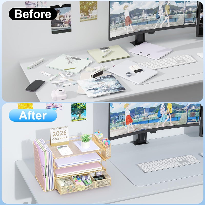gianotter Desk Organizers and Accessories with File Holder, 4-Tier Desk Accessories & Workspace Organizers with Drawer and 2 Pen Holder, Paper Organizer for Office Supplies(Gold) - Image 2