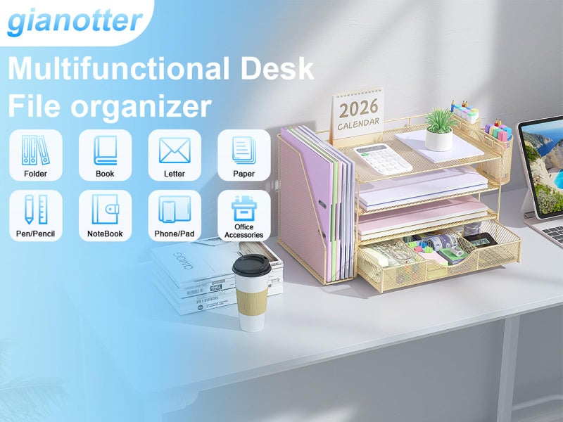 gianotter Desk Organizers and Accessories with File Holder, 4-Tier Desk Accessories & Workspace Organizers with Drawer and 2 Pen Holder, Paper Organizer for Office Supplies(Gold) - Image 4