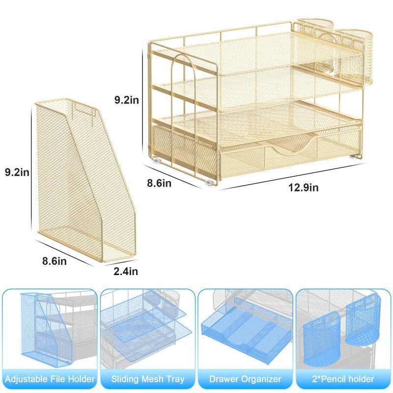 gianotter Desk Organizers and Accessories with File Holder, 4-Tier Desk Accessories & Workspace Organizers with Drawer and 2 Pen Holder, Paper Organizer for Office Supplies(Gold) - Image 5
