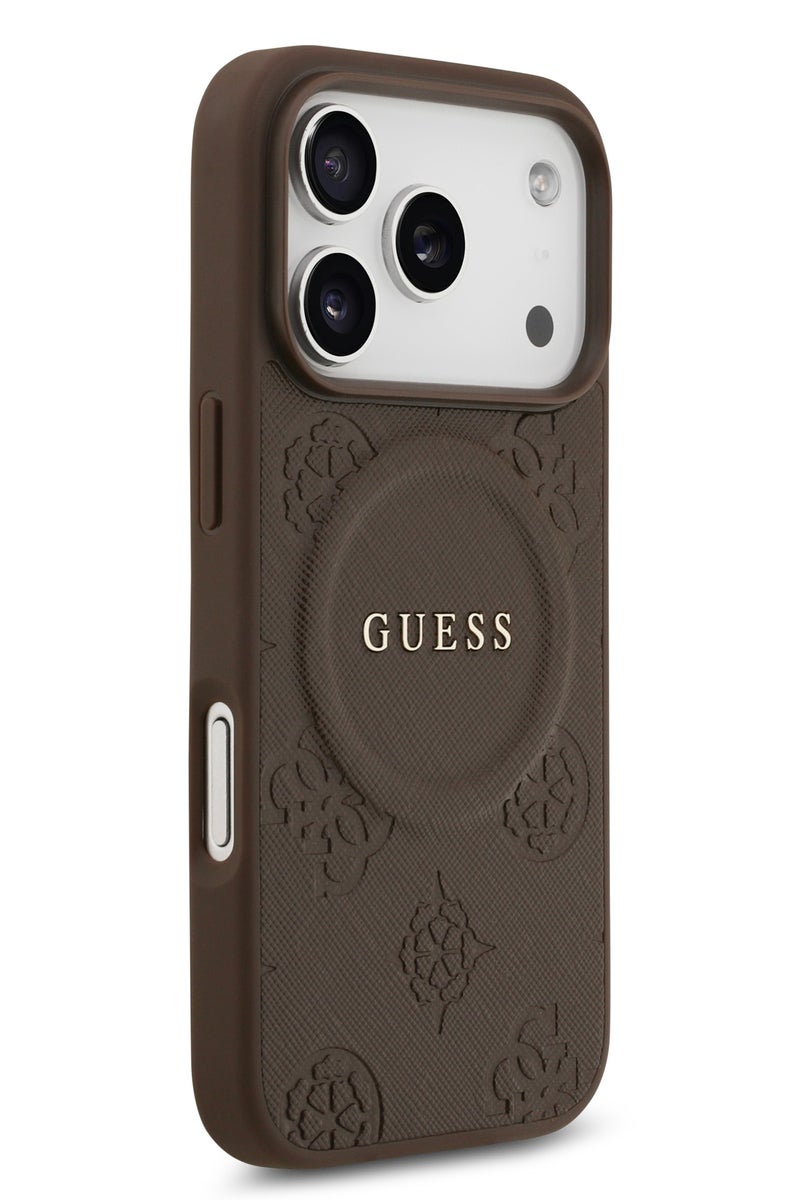 GUESS iPhone 17 Pro Max MagSafe Case PU Leather With Peony Hot Stamp Design With Classic Logo  / Magsafe Compatible / Ultra Slim / lightweight design / Easy Installation - Brown - Image 4
