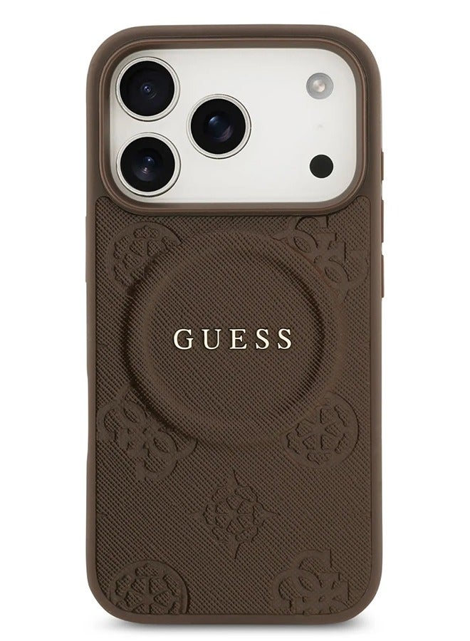 GUESS iPhone 17 Pro Max MagSafe Case PU Leather With Peony Hot Stamp Design With Classic Logo  / Magsafe Compatible / Ultra Slim / lightweight design / Easy Installation - Brown - Image 1