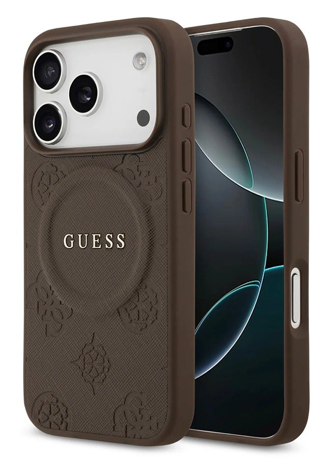 GUESS iPhone 17 Pro Max MagSafe Case PU Leather With Peony Hot Stamp Design With Classic Logo  / Magsafe Compatible / Ultra Slim / lightweight design / Easy Installation - Brown - Image 2