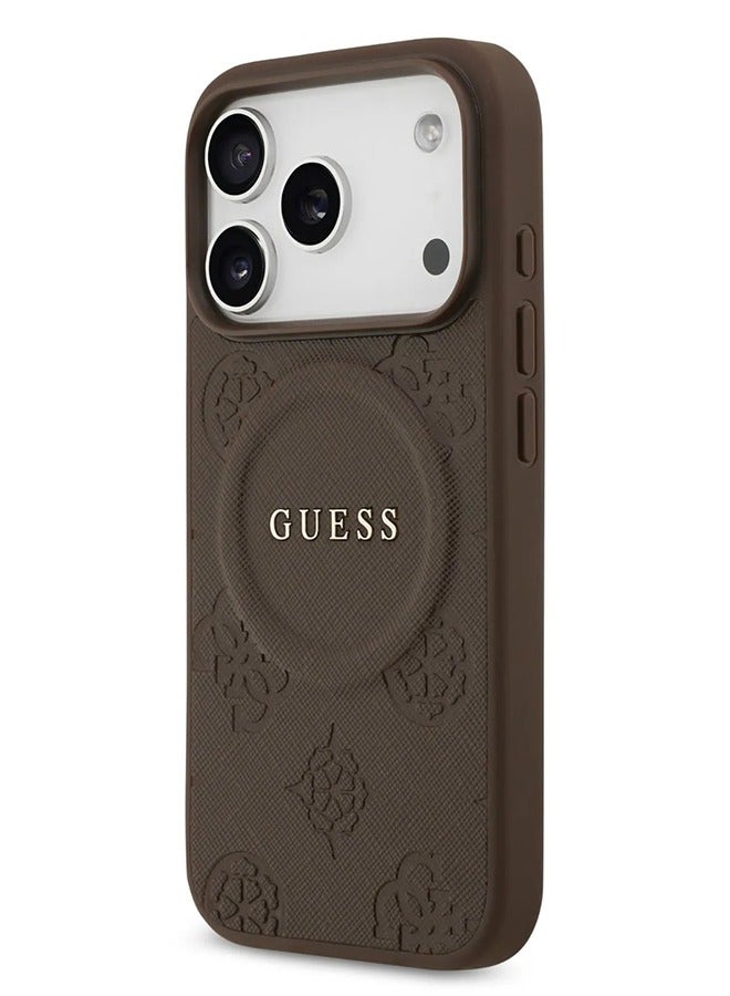 GUESS iPhone 17 Pro Max MagSafe Case PU Leather With Peony Hot Stamp Design With Classic Logo  / Magsafe Compatible / Ultra Slim / lightweight design / Easy Installation - Brown - Image 3