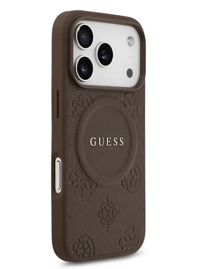 GUESS iPhone 17 Pro Max MagSafe Case PU Leather With Peony Hot Stamp Design With Classic Logo  / Magsafe Compatible / Ultra Slim / lightweight design / Easy Installation - Brown - Image 4