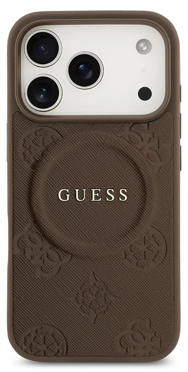 جس جراب ماج سيف لهاتف iPhone 17 Pro Max  مصنوع من جلد البولي يوريثان بتصميم ختم الفاوانيا الساخن مع شعار كلاسيكي / متوافق مع ماج سيف / نحيف للغاية / تصميم خفيف الوزن / سهل التركيب - بنی - Image 1