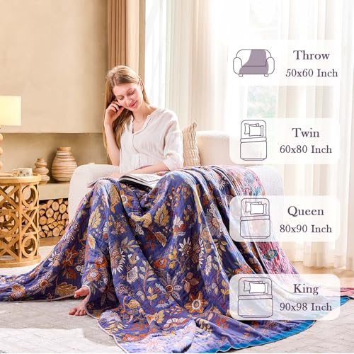 XIBLC Boho Blanket, 100% Cotton Farmhouse Decorative Throw Blanket, 90"x98" Reversible Bohemian Throw Blanket, Purple All Season Muslin Breathable Woven Blankets Quilt - Image 3