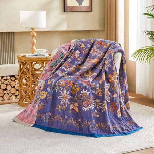 XIBLC Boho Blanket, 100% Cotton Farmhouse Decorative Throw Blanket, 90"x98" Reversible Bohemian Throw Blanket, Purple All Season Muslin Breathable Woven Blankets Quilt - Image 2