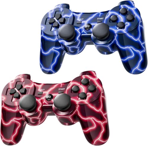Burcica Wireless Controller for PS-3 Motion Sense Double Vibration Upgraded Gaming Remote for Play 3 with Charging Cord (BlueFlash and RedFlash) - Image 1