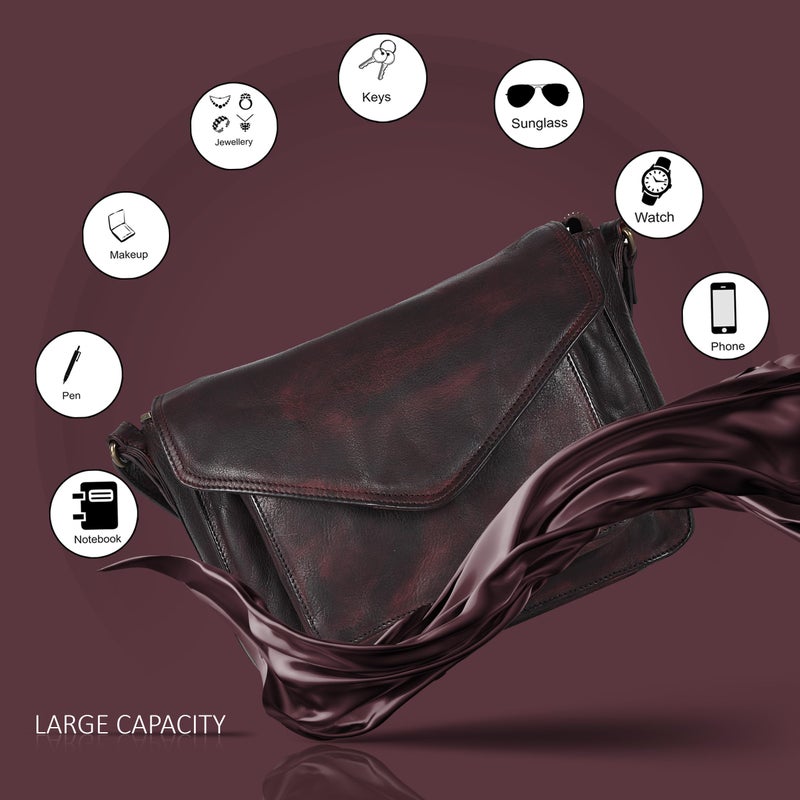 Ozora Leather Flapover Crossbody Handbag Purse for Women with Adjustable Strap & Overflap Snap Closure Tote/Bag (Bordeaux Wash) - Image 4