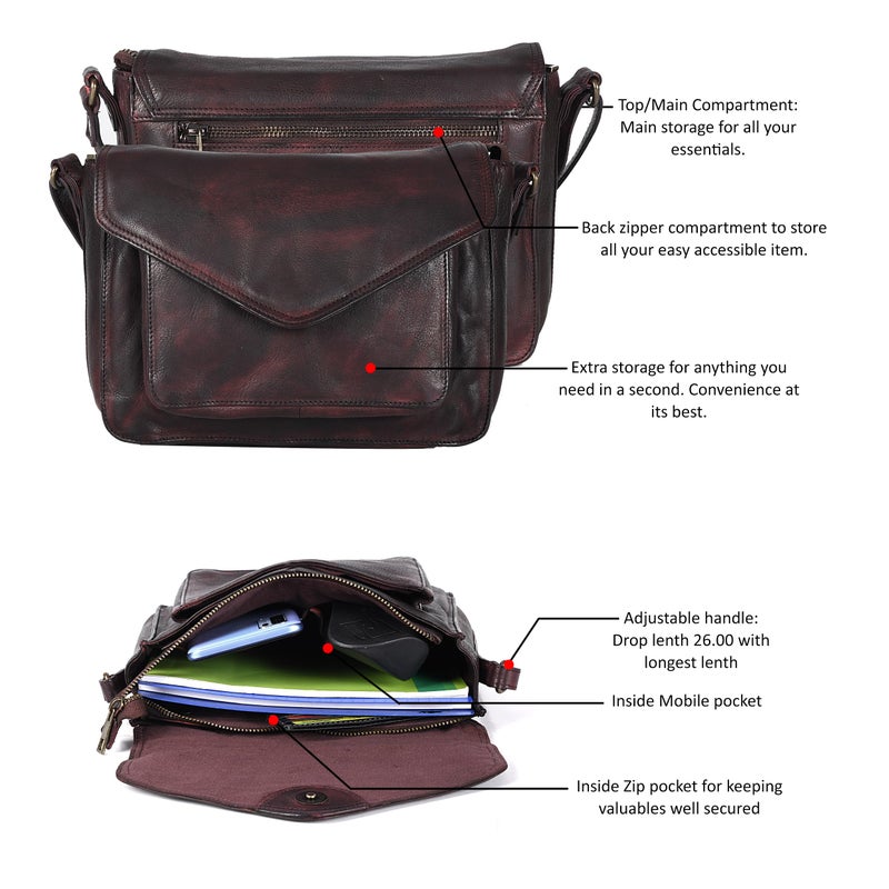 Ozora Leather Flapover Crossbody Handbag Purse for Women with Adjustable Strap & Overflap Snap Closure Tote/Bag (Bordeaux Wash) - Image 3