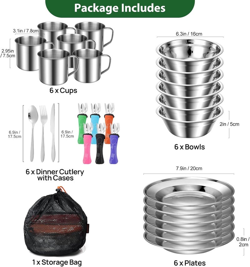 Odoland 29pcs Stainless Steel Utensils Camping Mess Kits with Bowls Plates Cups Forks Spoons and Knives for 4, Cutlery Flatware Set for Backpacking, Outdoor Camping Hiking and Picnic - Image 2