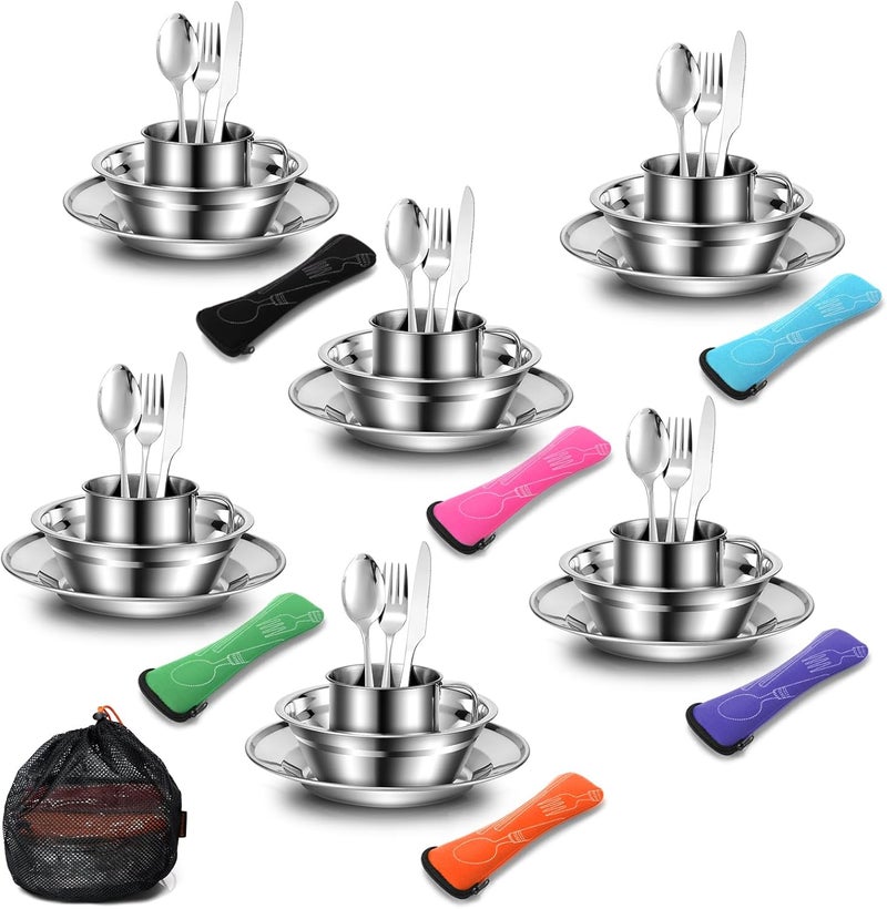 Odoland 29pcs Stainless Steel Utensils Camping Mess Kits with Bowls Plates Cups Forks Spoons and Knives for 4, Cutlery Flatware Set for Backpacking, Outdoor Camping Hiking and Picnic - Image 1