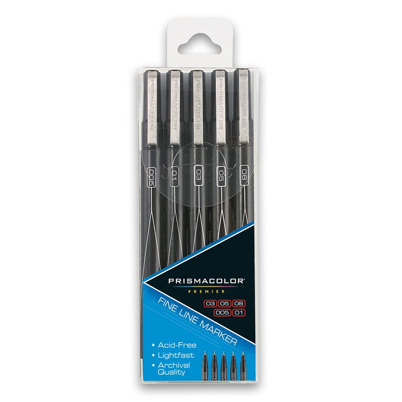 Prismacolor 14171 Premier Fine Line Illustration Markers, Assorted Fine Tips, Black, 5-Count - Image 1
