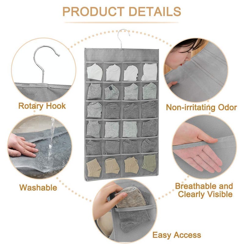 ZURATO ZURATO Oxford Fabric Double Sided 30 Pockets Clear Hanging Bag Socks Organizer Hanging Wardrobe Panties Socks Classification Wardrobe Jewelry Organisers OverTheDoor Socks Organizer Grey - Image 3