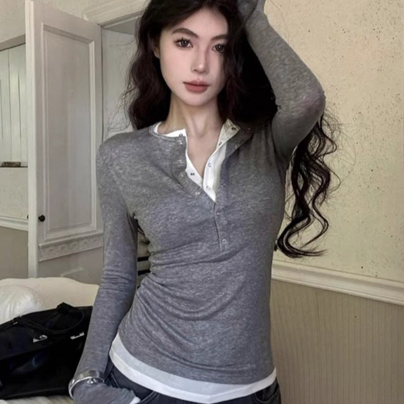 Official Picture, , Fake Two-Piece Splicing Contrasting Color Long-Sleeved T-Shirt For Women, Slim Design, Elegant And Versatile Top - Image 3