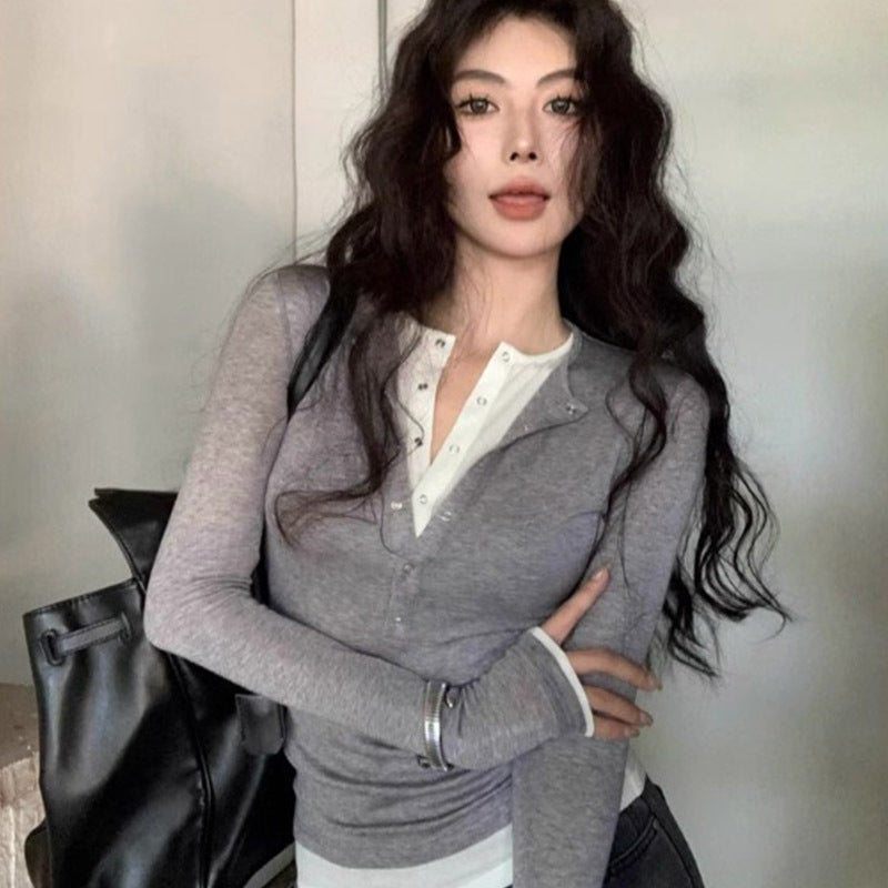 Official Picture, , Fake Two-Piece Splicing Contrasting Color Long-Sleeved T-Shirt For Women, Slim Design, Elegant And Versatile Top - Image 2