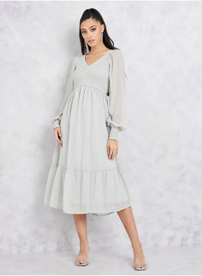Styli Dobby Smocked A-Line Midi Dress with Cuff Sleeves