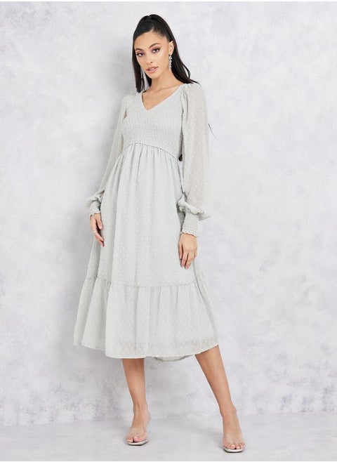 Dobby Smocked A-Line Midi Dress with Cuff Sleeves