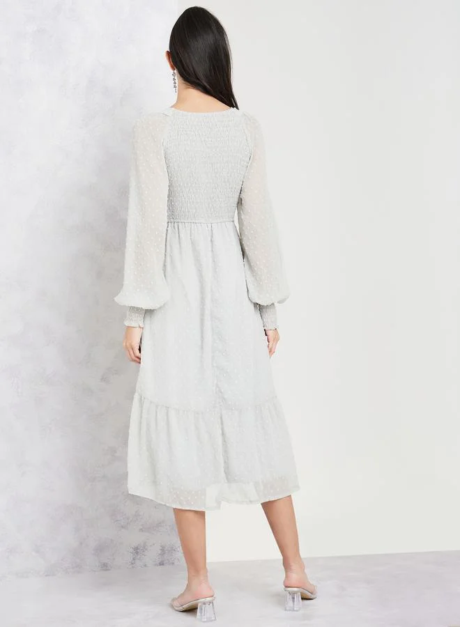 Styli Styli Dobby Smocked A-Line Midi Dress with Cuff Sleeves