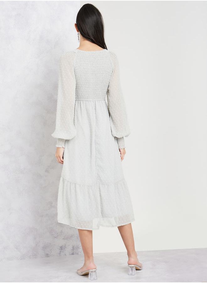 Styli - Dobby Smocked A-Line Midi Dress with Cuff Sleeves - Image 1