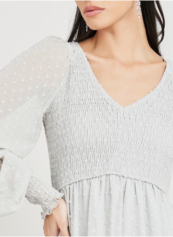 Styli - Dobby Smocked A-Line Midi Dress with Cuff Sleeves - Image 1