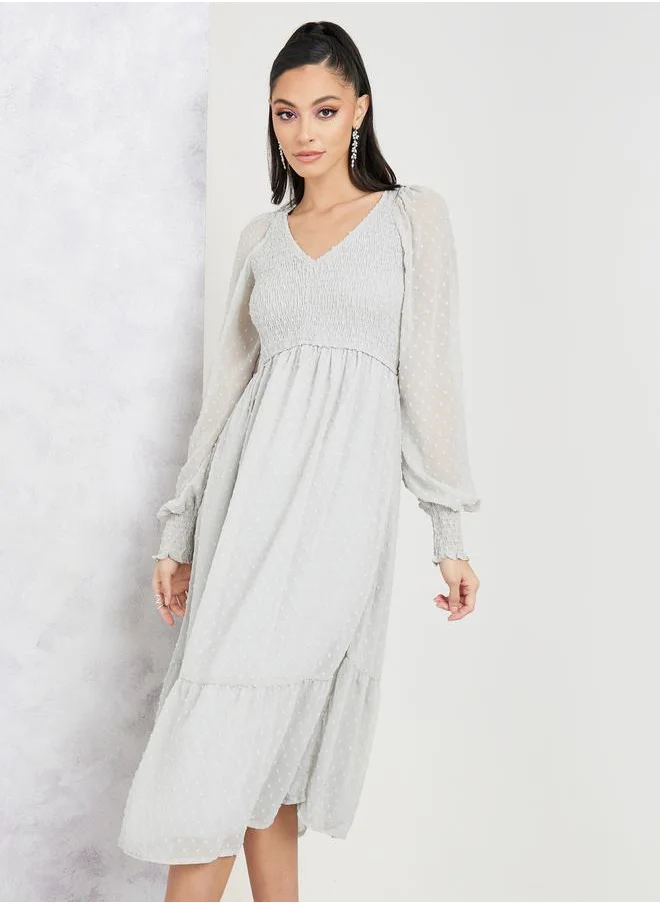 Styli Dobby Smocked A-Line Midi Dress with Cuff Sleeves